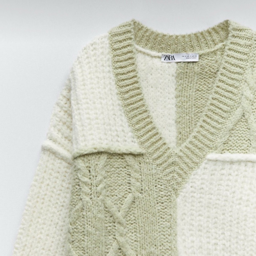 Zara Ivory and Sage Patchwork Sweater